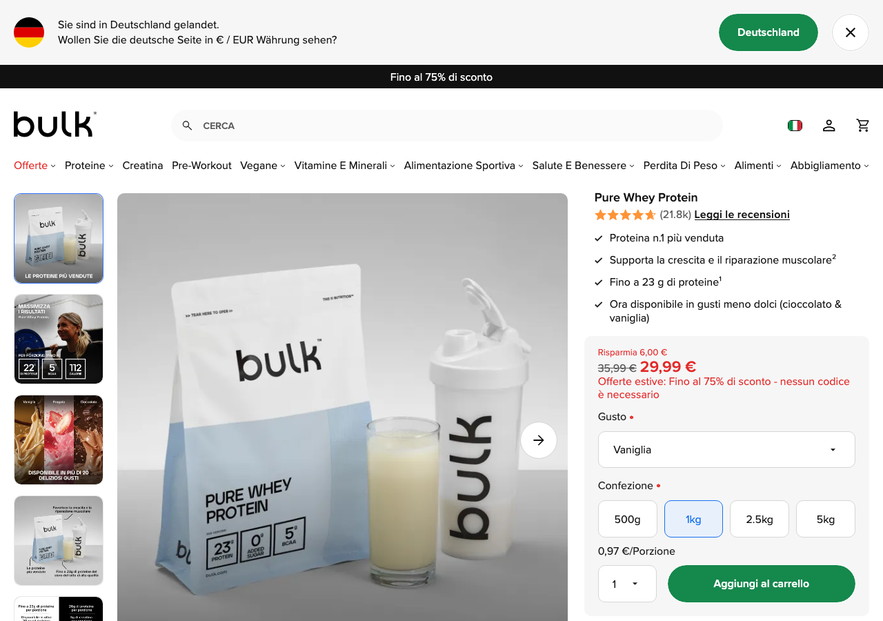 Pagina prodotto della Bulk Pure Whey Protein con formati e gusti