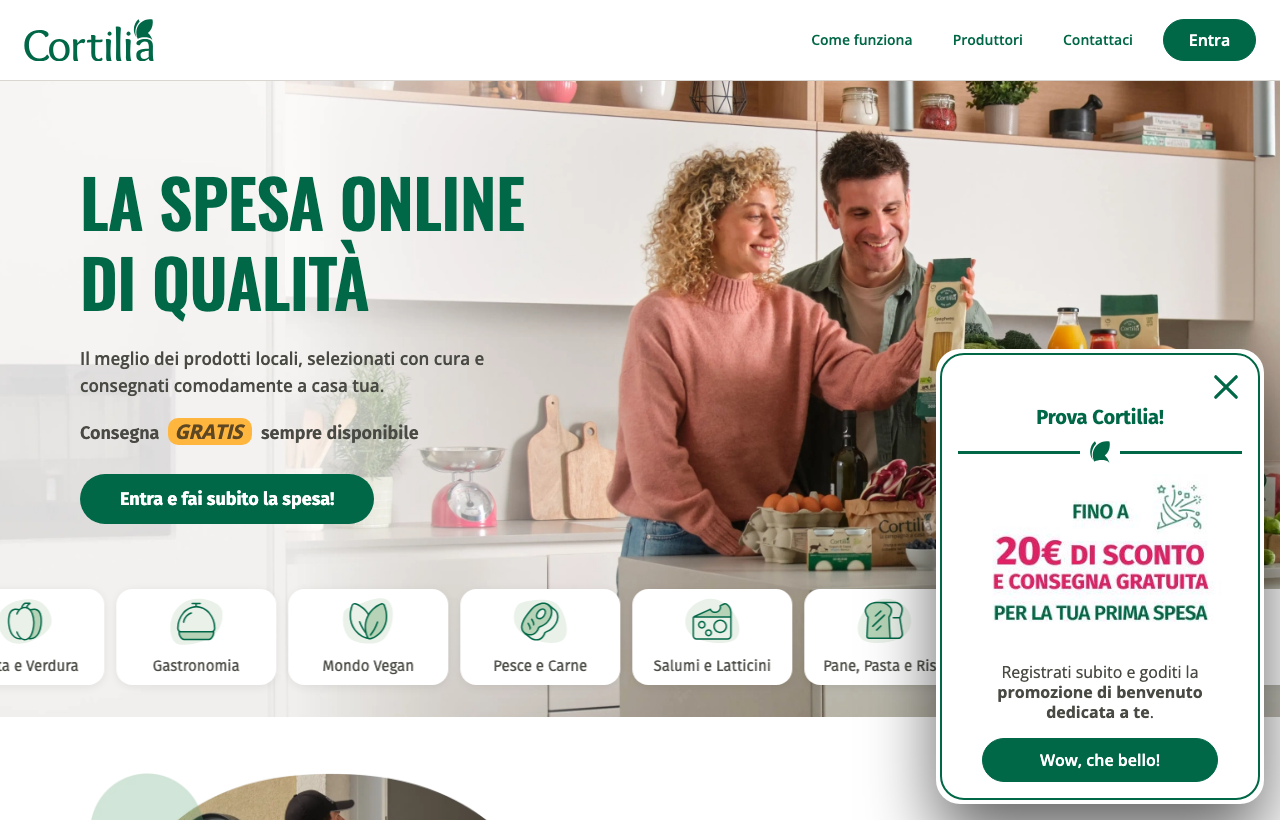 Homepage di Cortilia con lo slogan La spesa online di qualita e le categorie di prodotti freschi