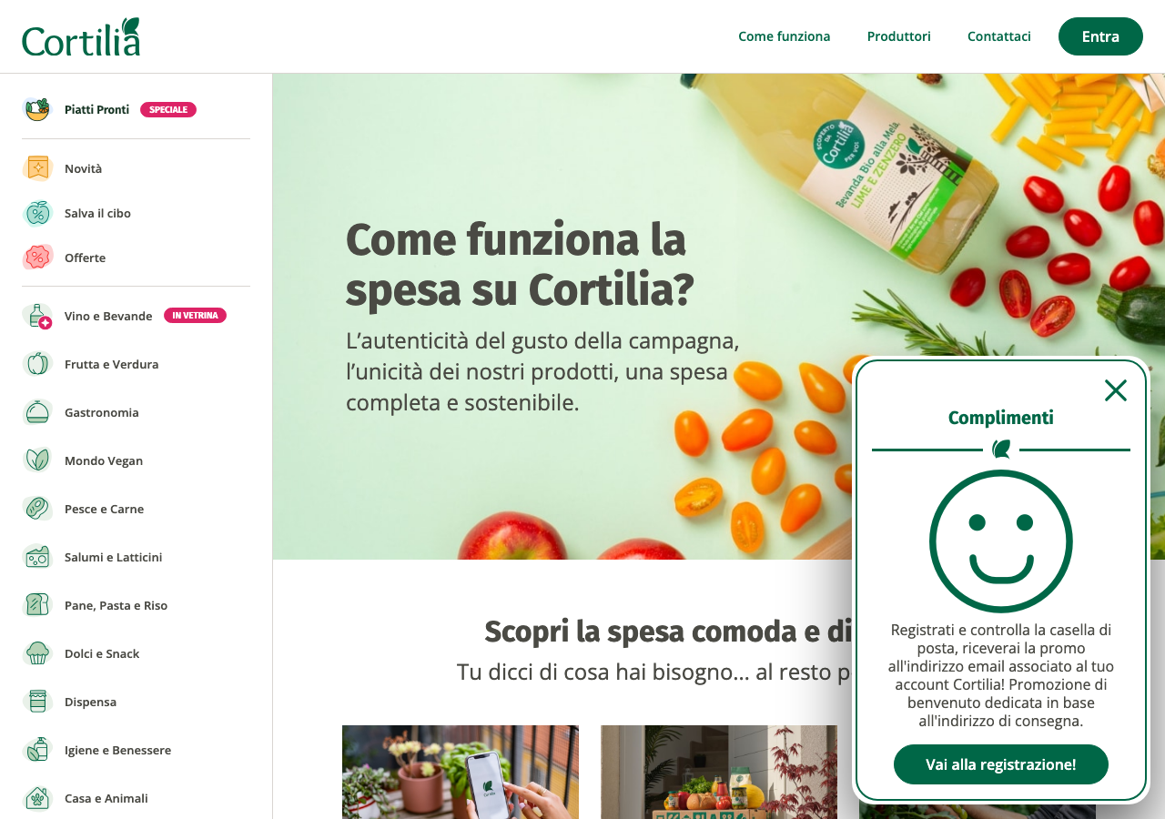 Pagina Come funziona la spesa su Cortilia con la presentazione del servizio e dei prodotti freschi