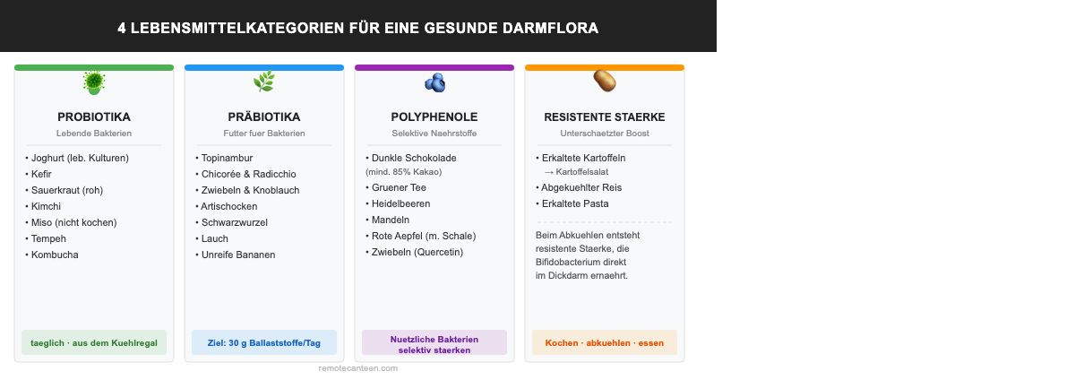 Infografik: 4 Lebensmittelkategorien für eine gesunde Darmflora – Probiotika, Präbiotika, Polyphenole und resistente Stärke im Überblick