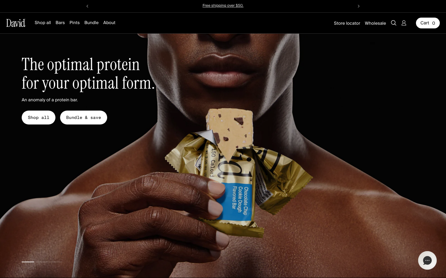 David protein bar homepage showing 28g protein bar