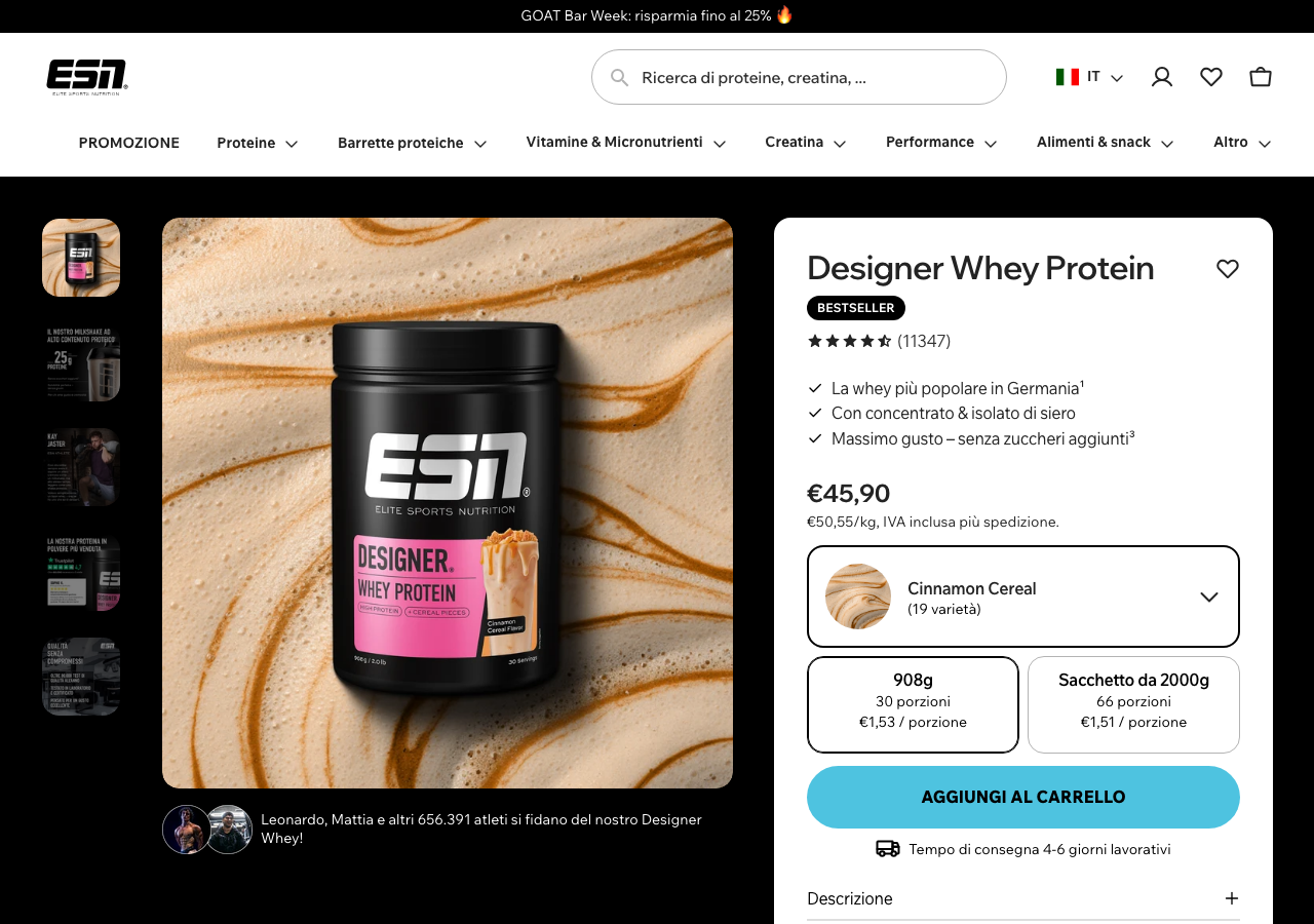 Pagina prodotto della ESN Designer Whey Protein con prezzo, gusti e recensioni