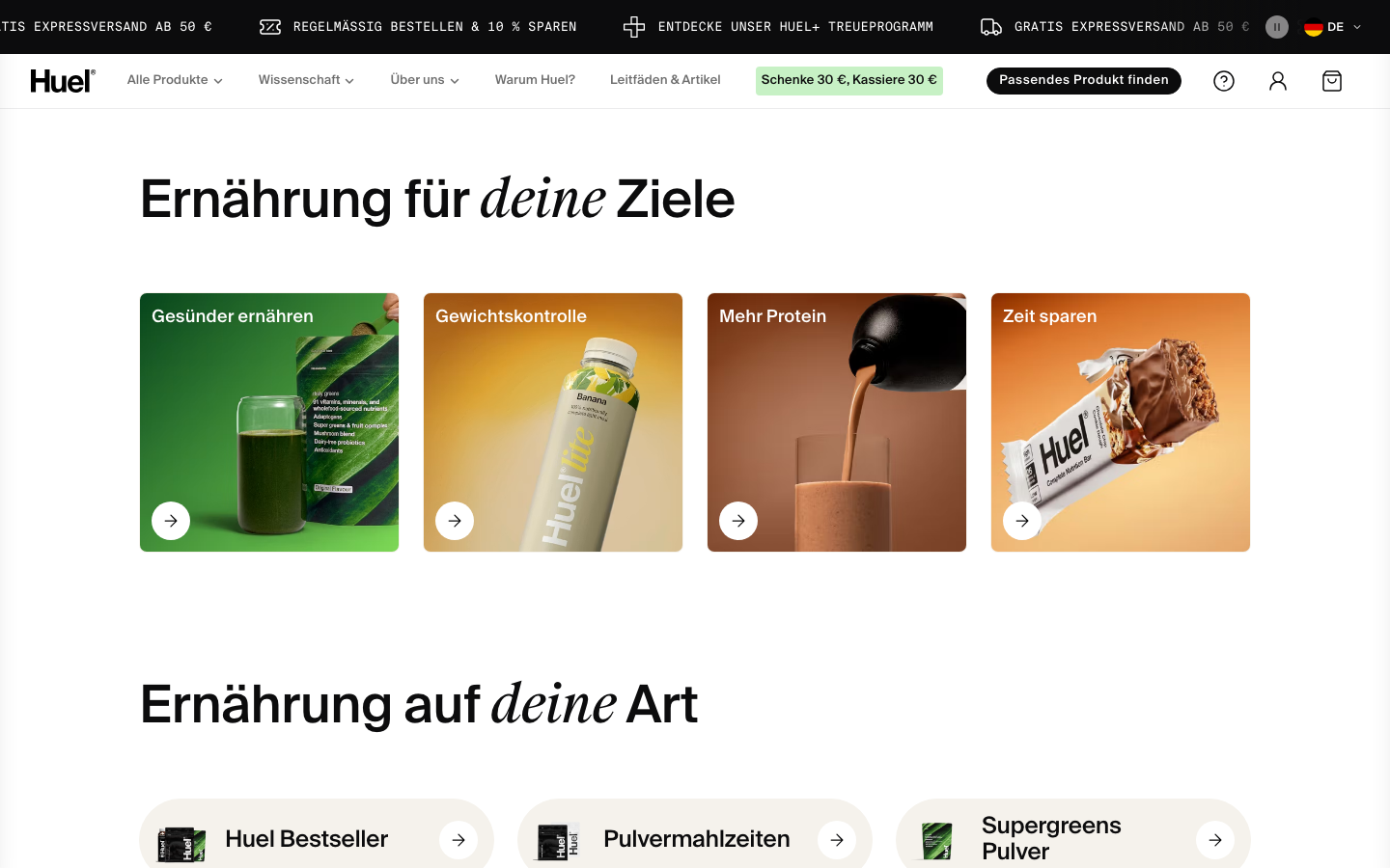 Homepage van Huel met de Black Edition maaltijdvervanger