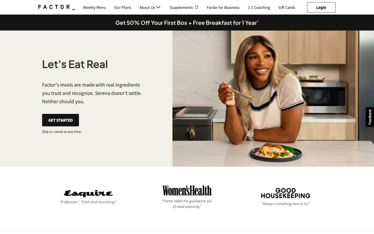 Factor homepage showing fully prepared ready-to-eat meals