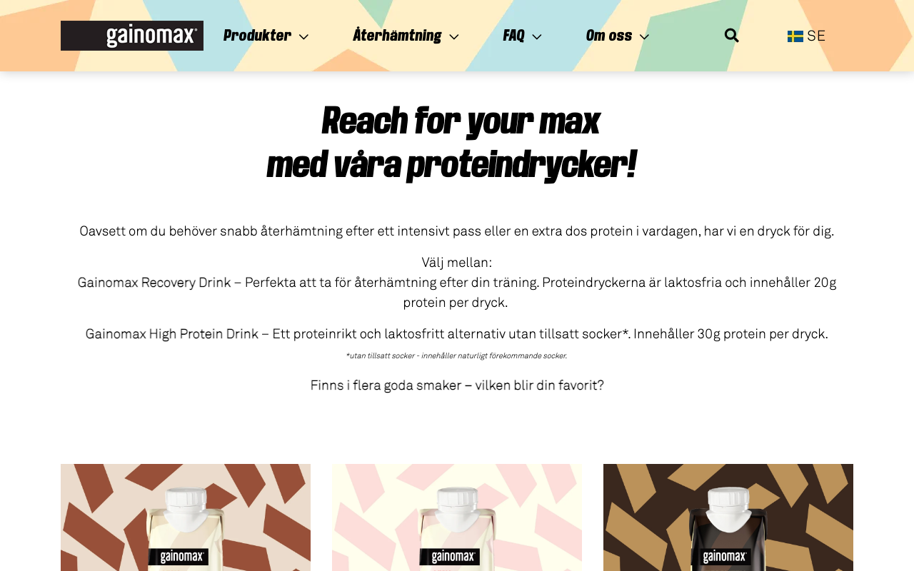 Gainomax startsida med proteindrycker och produkter