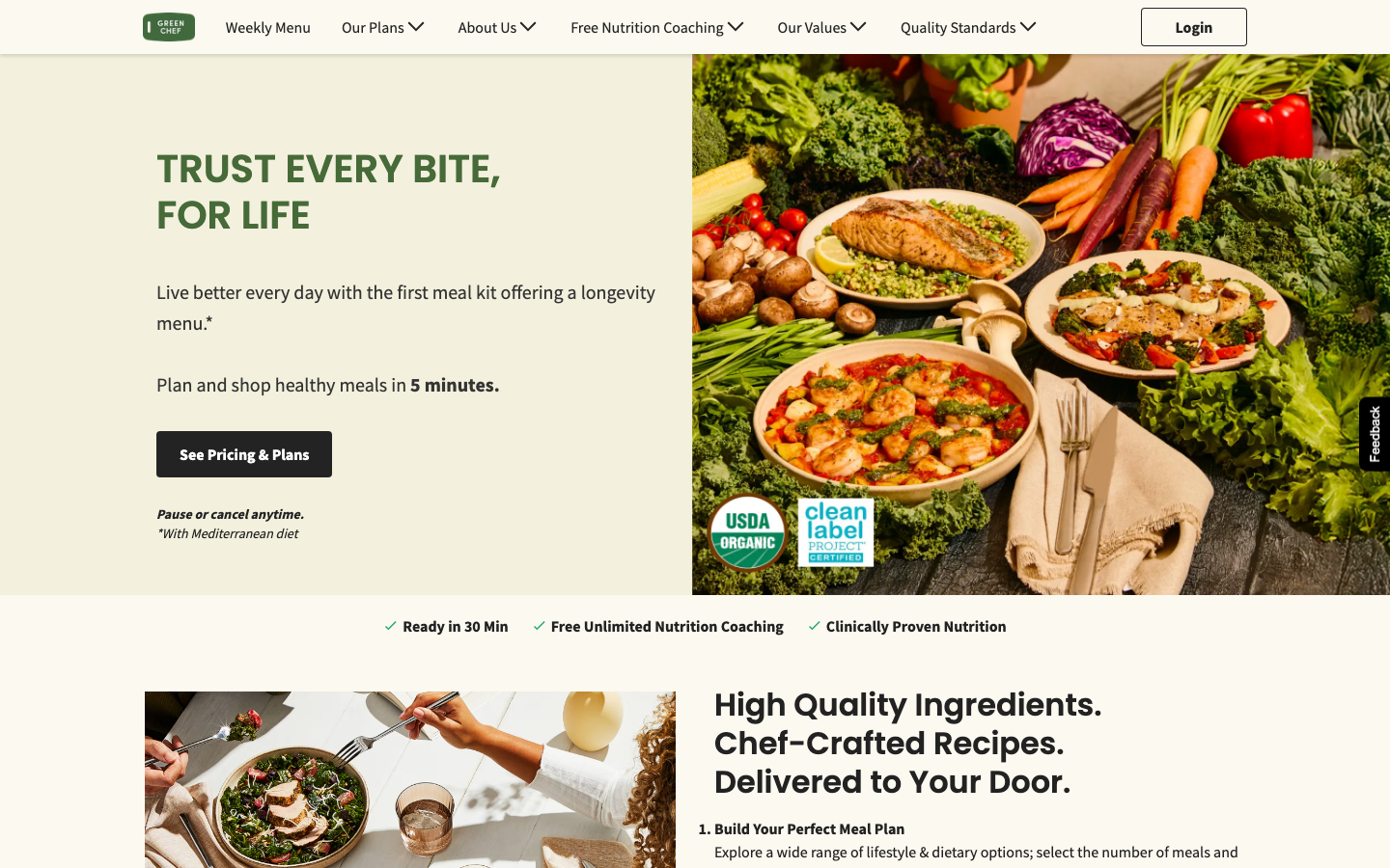 Green Chef homepage showing USDA-certified-organic meal kit plans