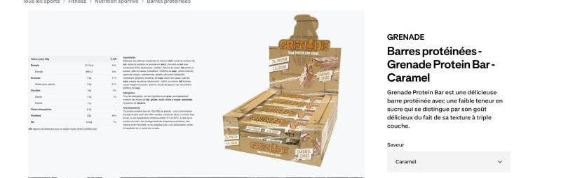 Boîte de Grenade Protein Bar saveur Caramel Chaos vendue chez Decathlon, 23 g de protéines et 1,4 g de sucre par barre