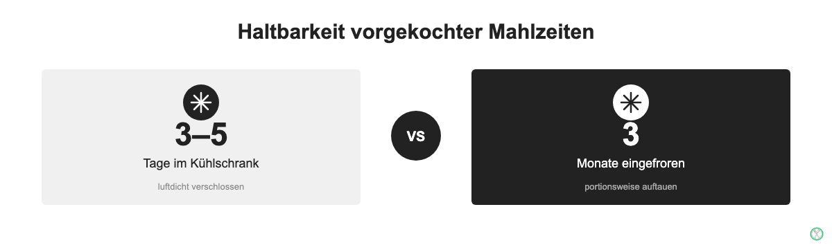 Haltbarkeit vorgekochter Mahlzeiten: 3-5 Tage im Kühlschrank vs. 3 Monate eingefroren