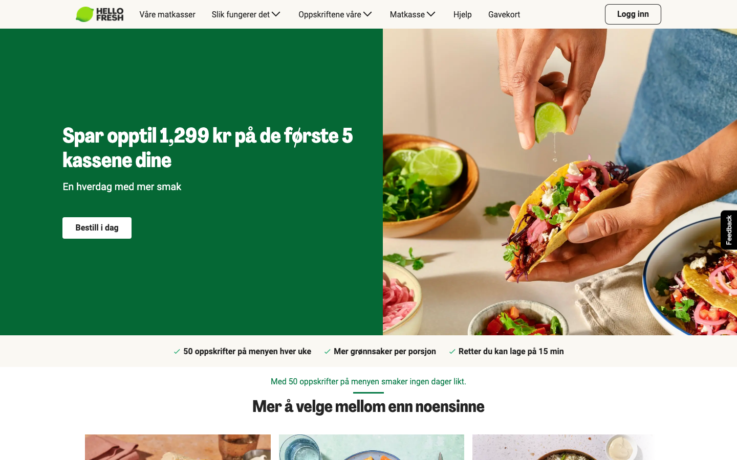 HelloFresh Norge nettside med velkomsttilbud