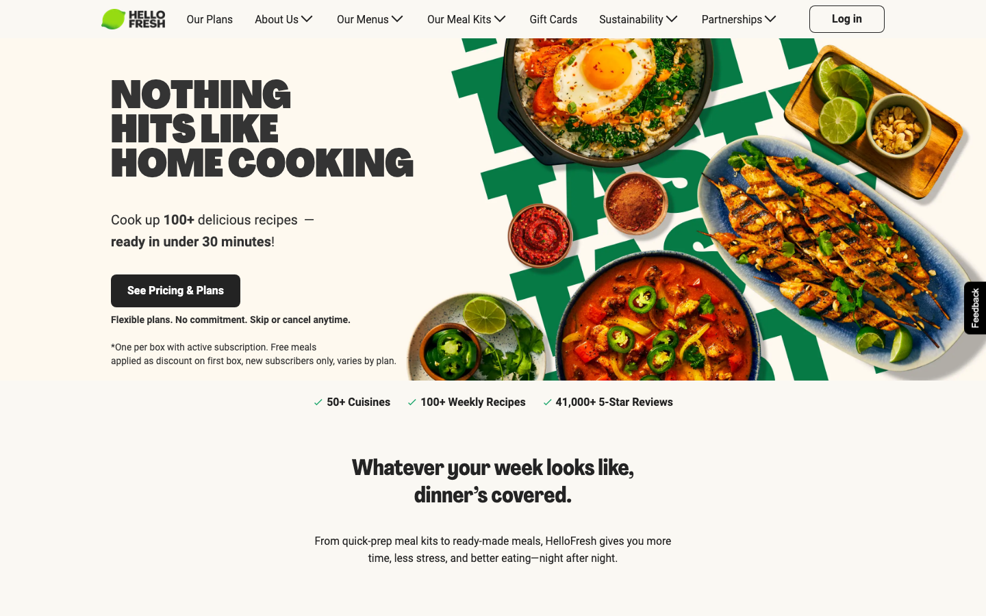 HelloFresh homepage showing its weekly meal kit recipe menu
