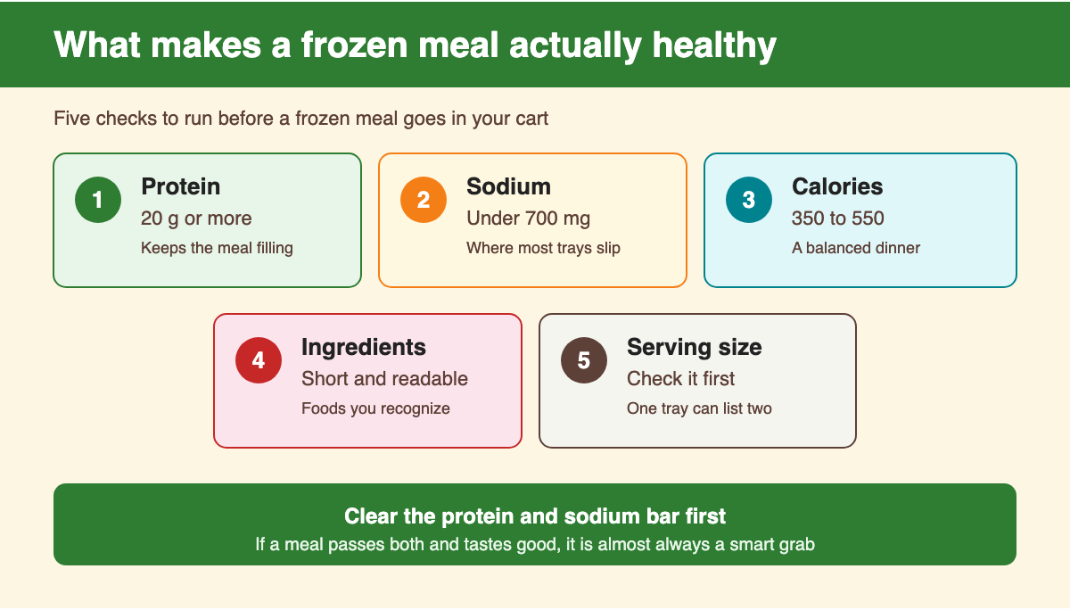 Five checks for a healthy frozen meal: 20g+ protein, under 700mg sodium, 350 to 550 calories, short ingredient list and serving size
