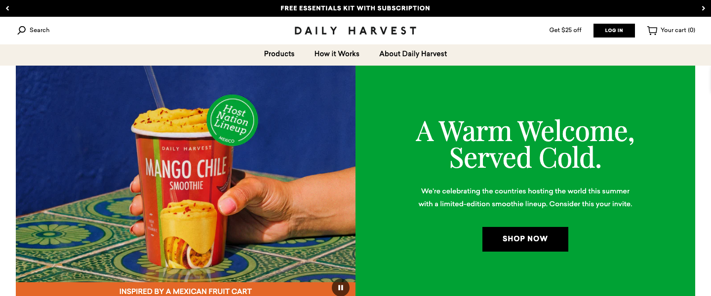 Daily Harvest homepage showing frozen plant based smoothies and bowls