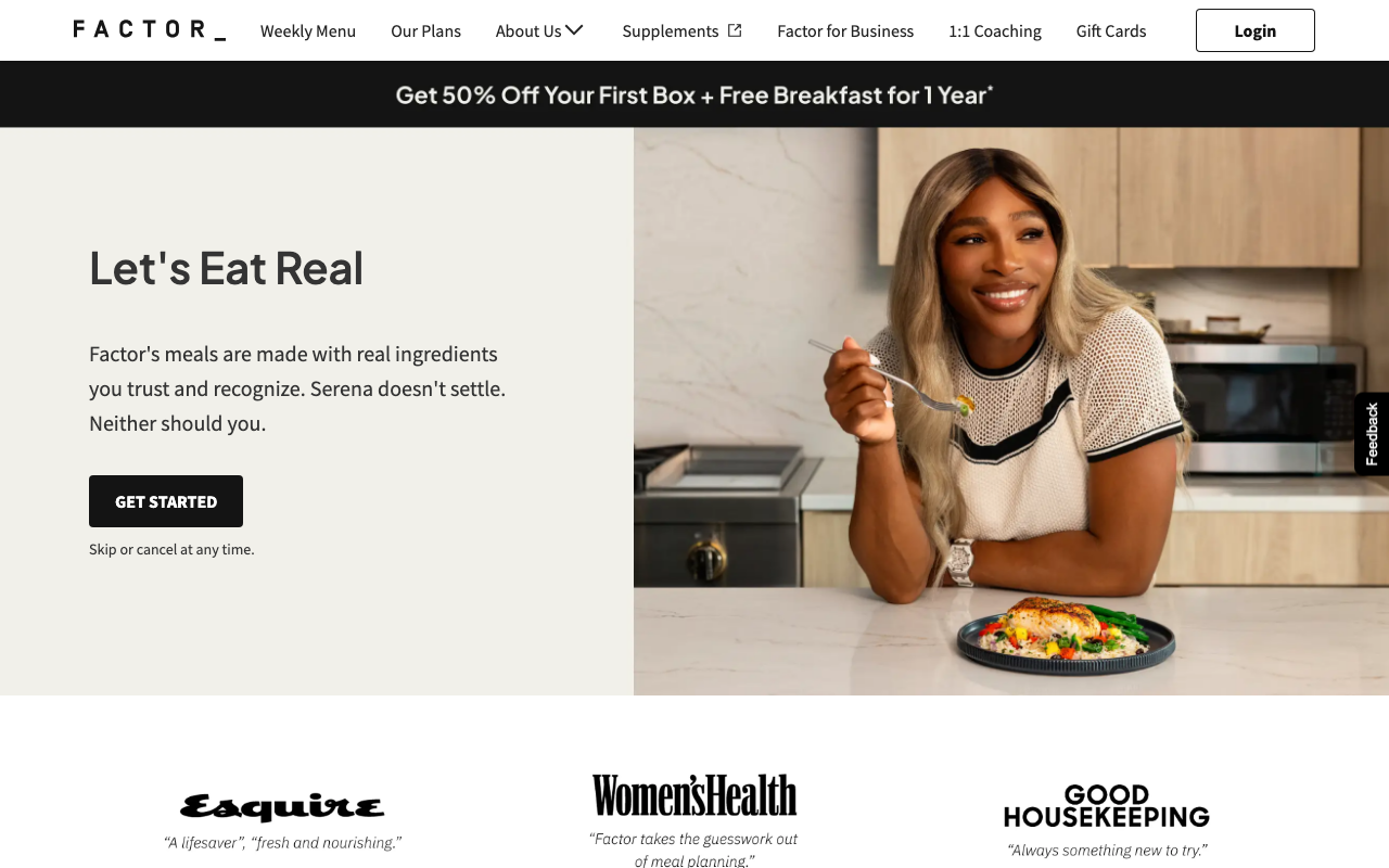 Factor homepage showing fresh, dietitian designed meals and a protein forward menu
