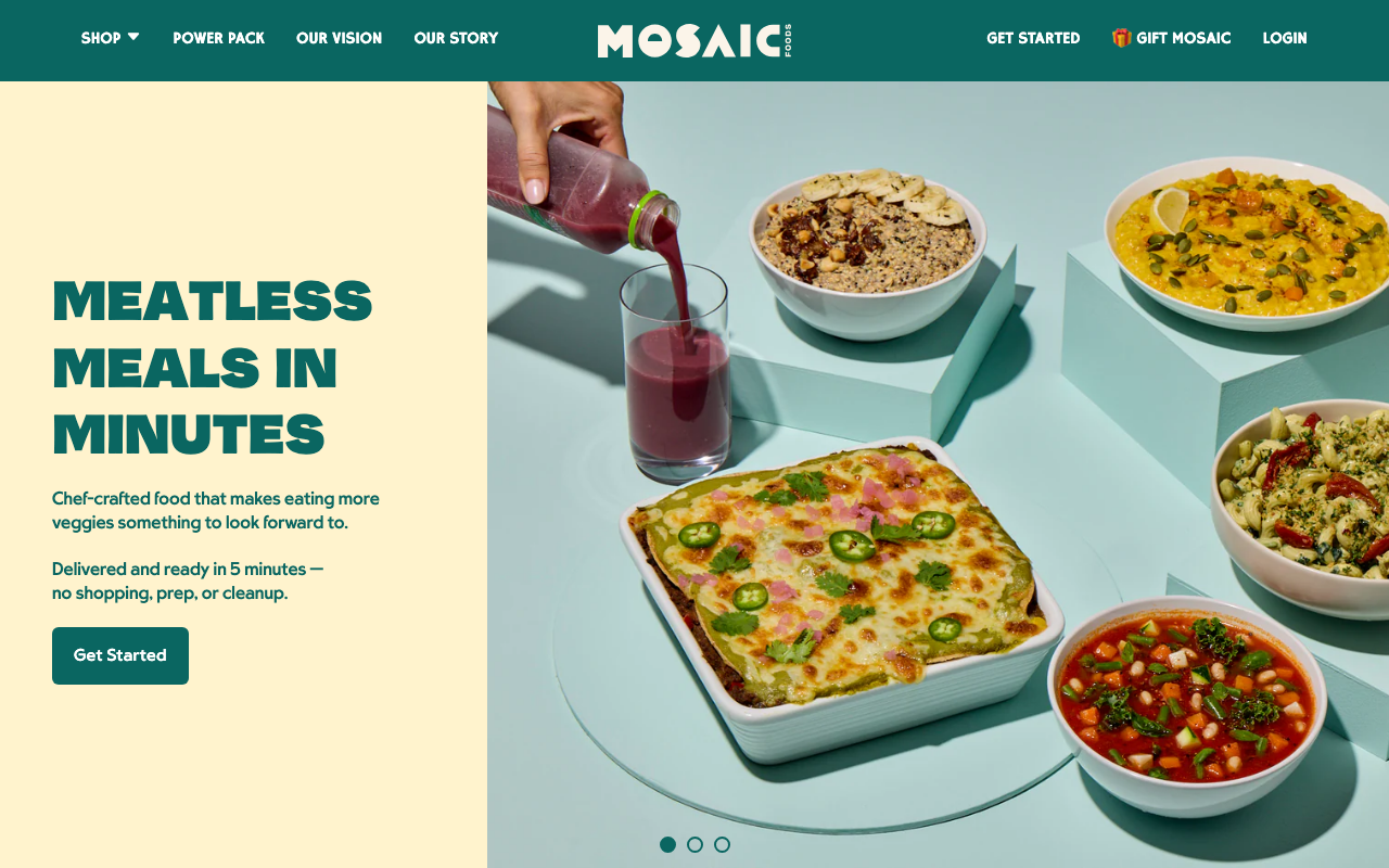 Mosaic Foods homepage showing frozen plant based veggie bowls ready in minutes