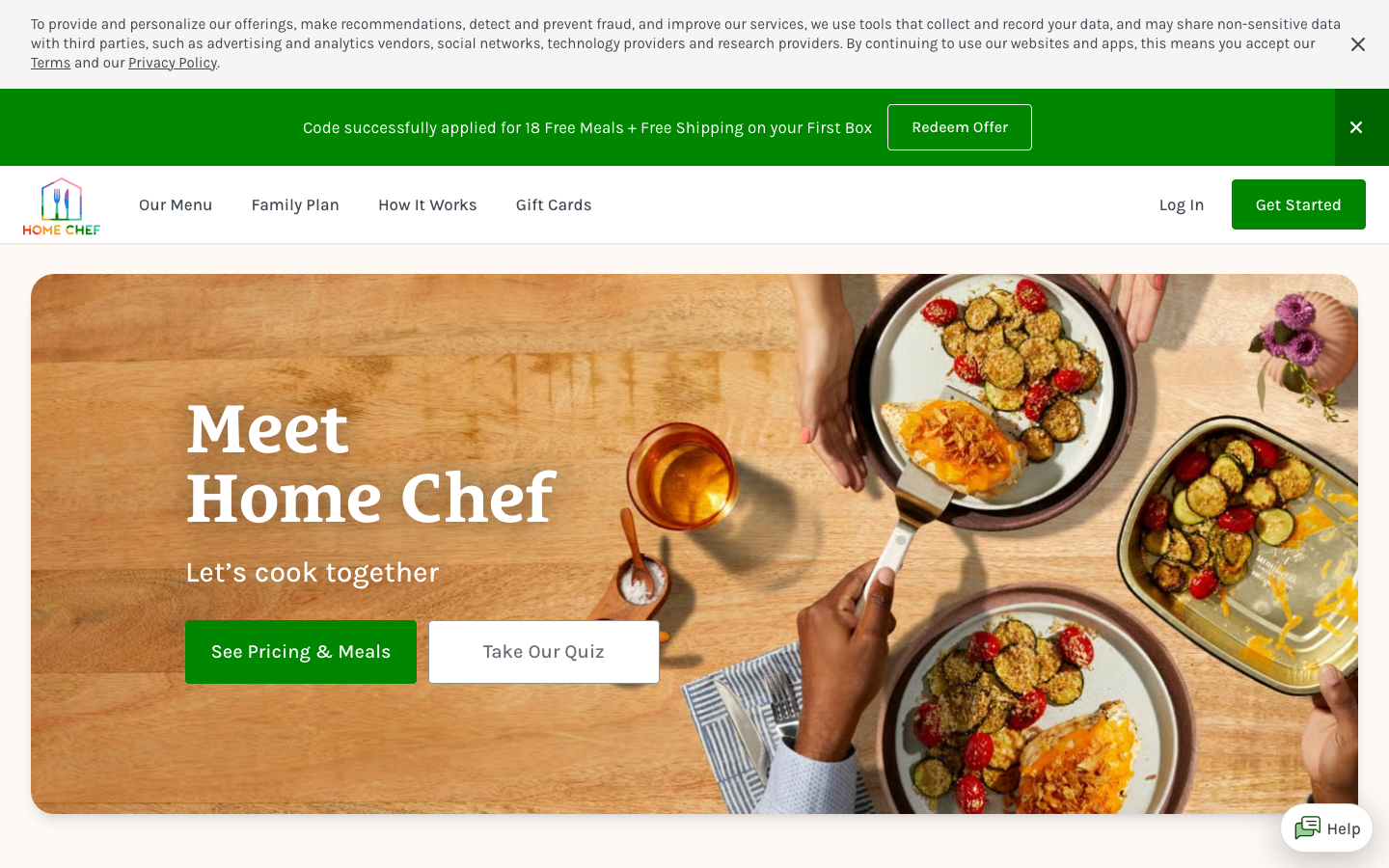 Home Chef homepage showing customizable meal kit recipes