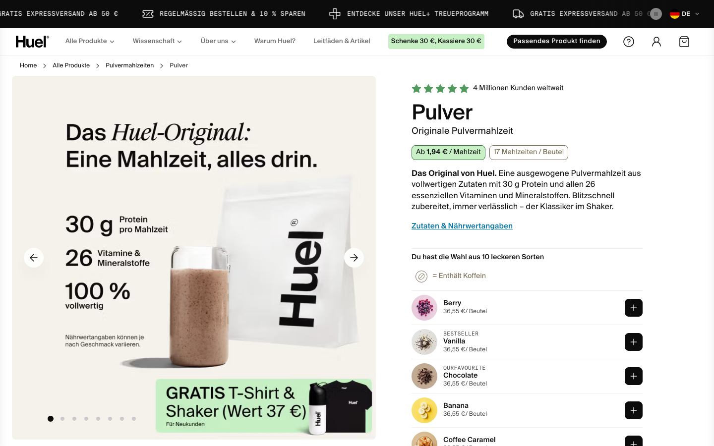 Produktsida för Huel Powder med 30 g protein och 26 vitaminer och mineraler per portion