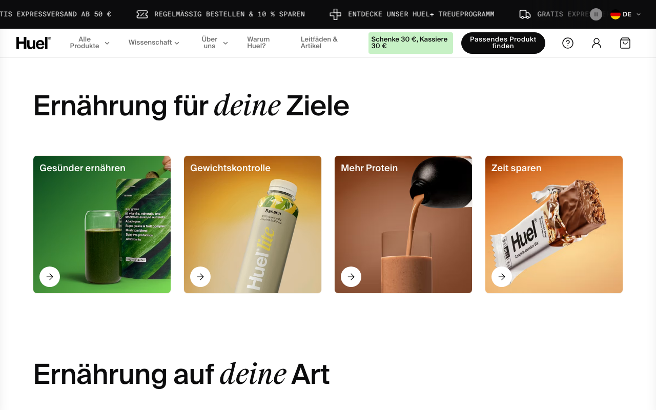 Homepage di Huel con la gamma di pasti completi in polvere, pronti da bere e barrette