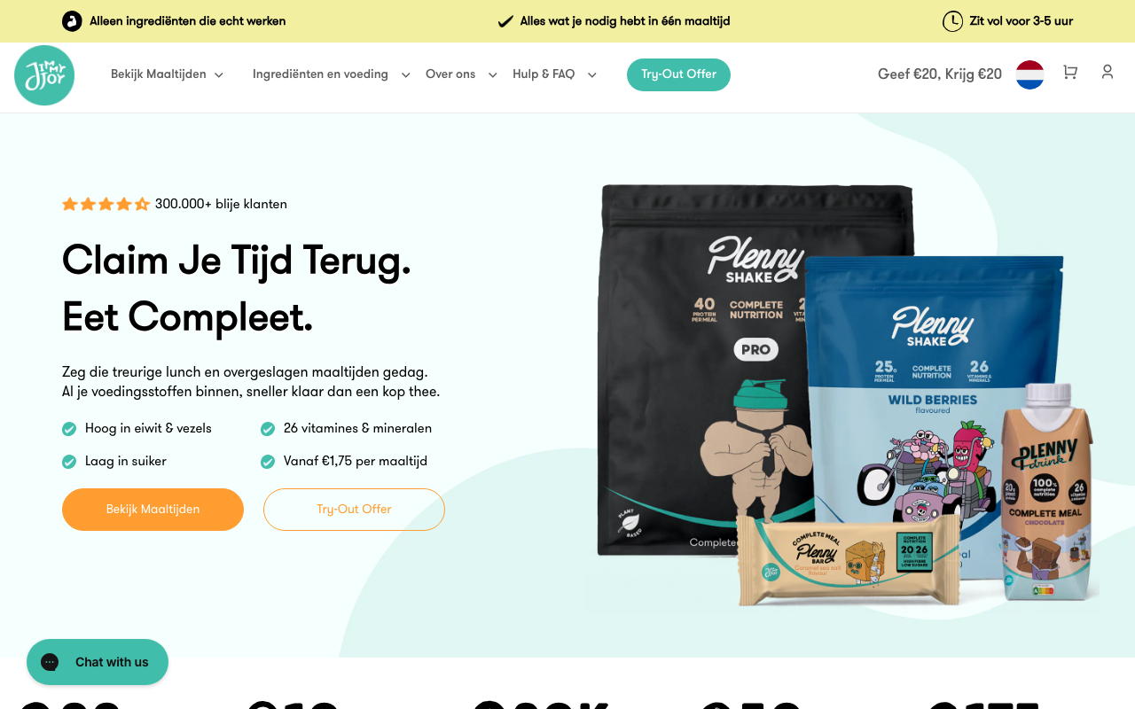 Screenshot van de Jimmy Joy website met het Plenny Shake productaanbod