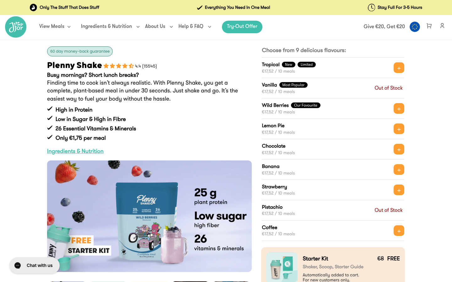 Produktsida för Jimmy Joy Plenny Shake med protein, lågt socker och nio smaker