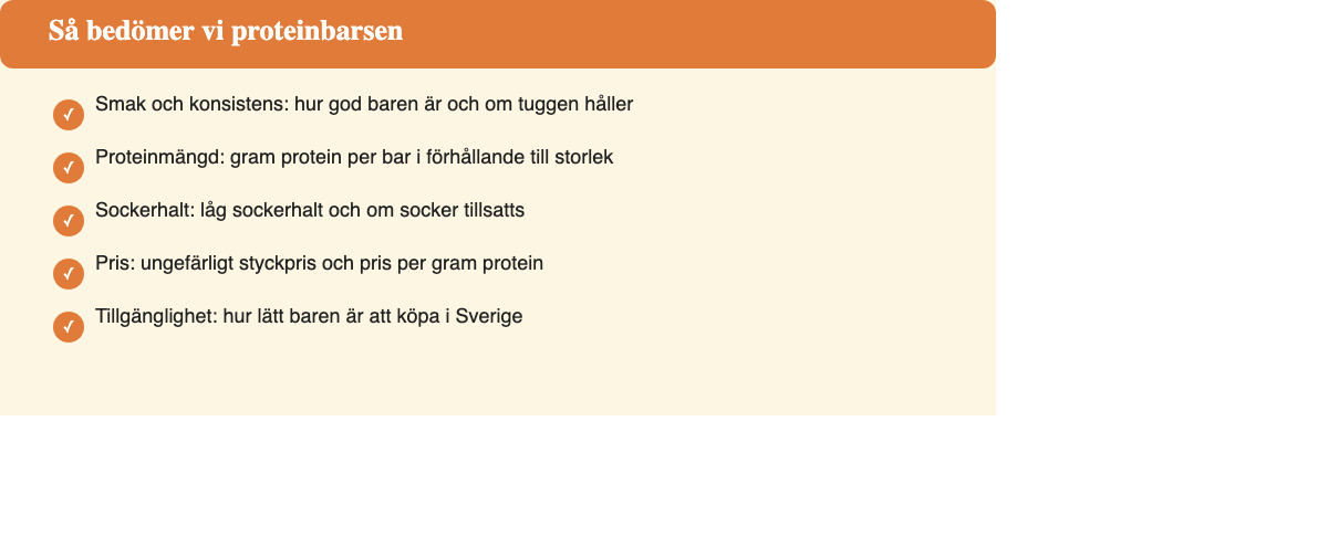 Fem testkriterier för proteinbars: smak, proteinmängd, sockerhalt, pris och tillgänglighet