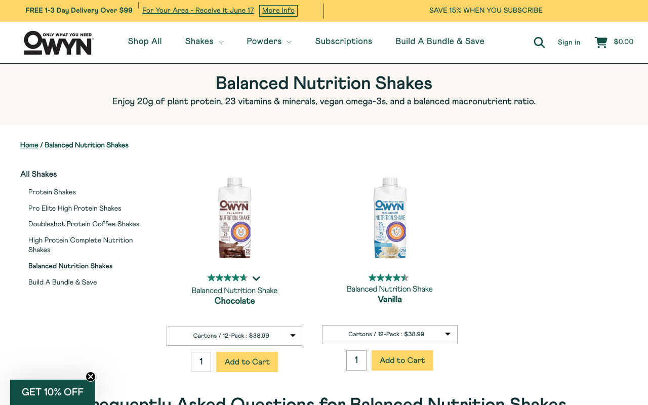 OWYN Balanced Nutrition Shakes page showing chocolate and vanilla bottles with 20g plant protein