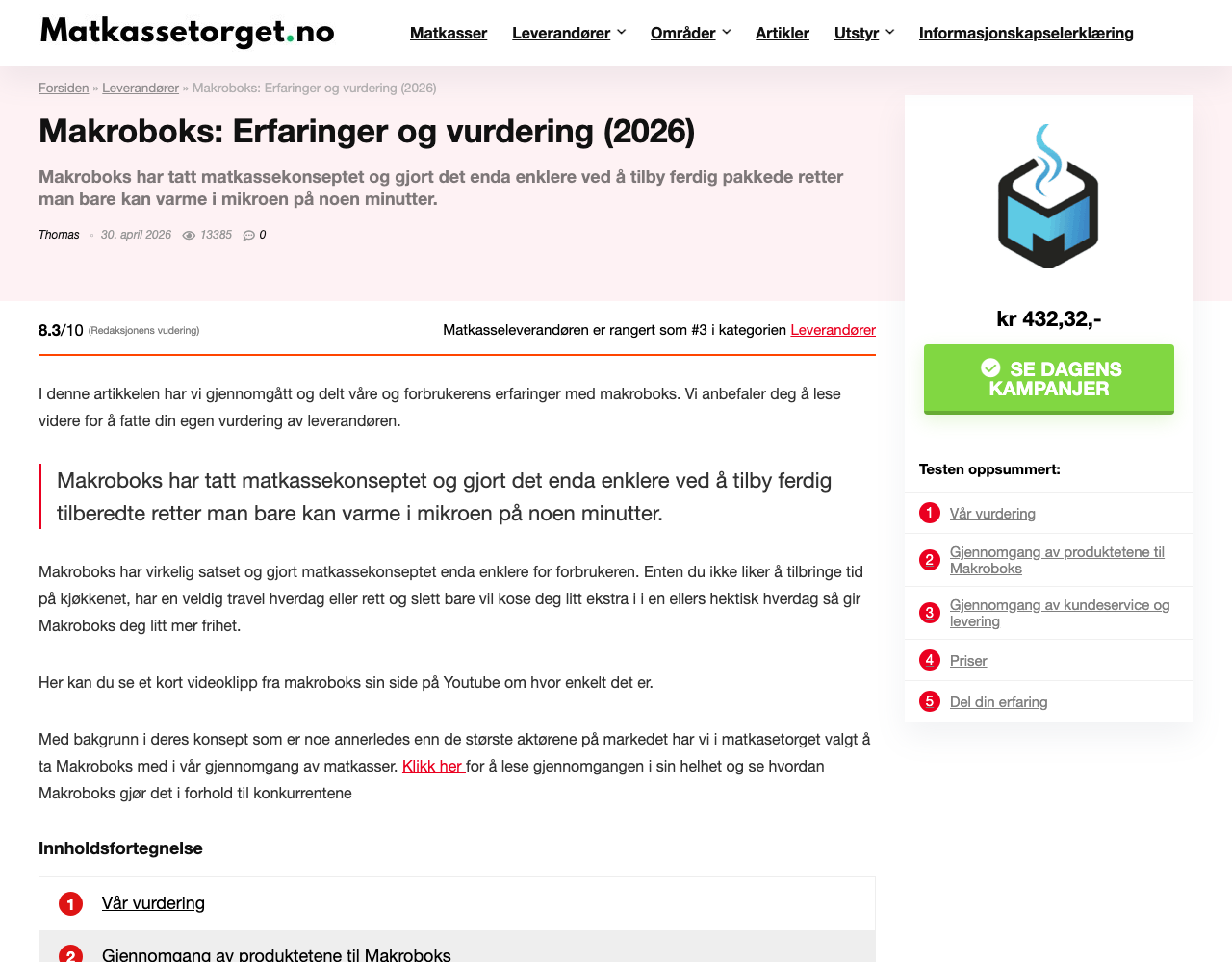 Skjermbilde av Makroboks-vurderingen med pris og rating for ferdigmåltider levert på døren
