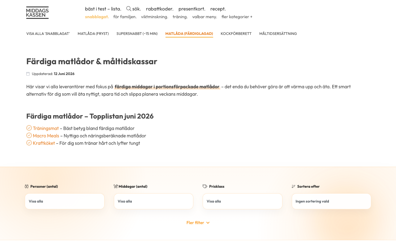 Middagskassen färdiga matlådor med lågt pris per portion