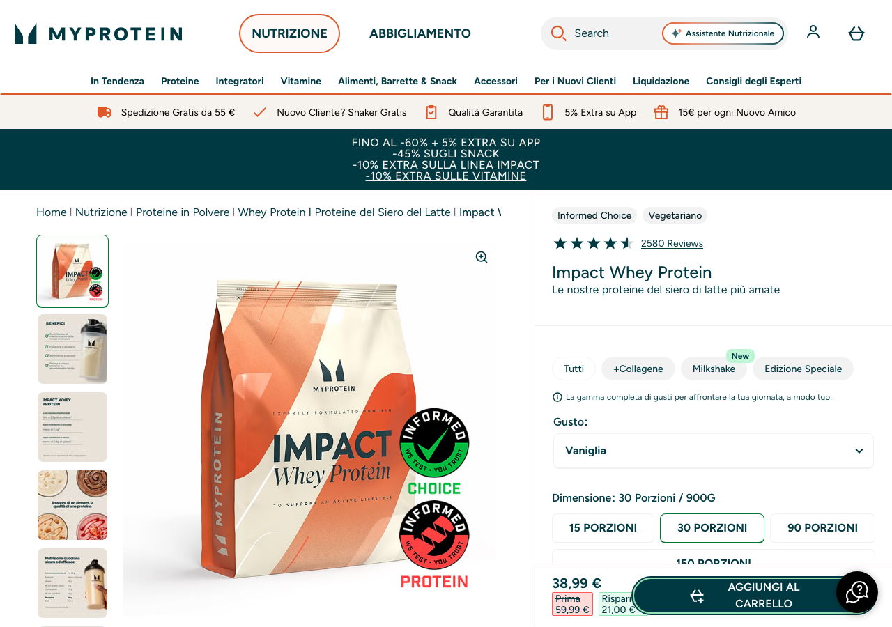 Pagina prodotto della MyProtein Impact Whey con prezzo e valori nutrizionali