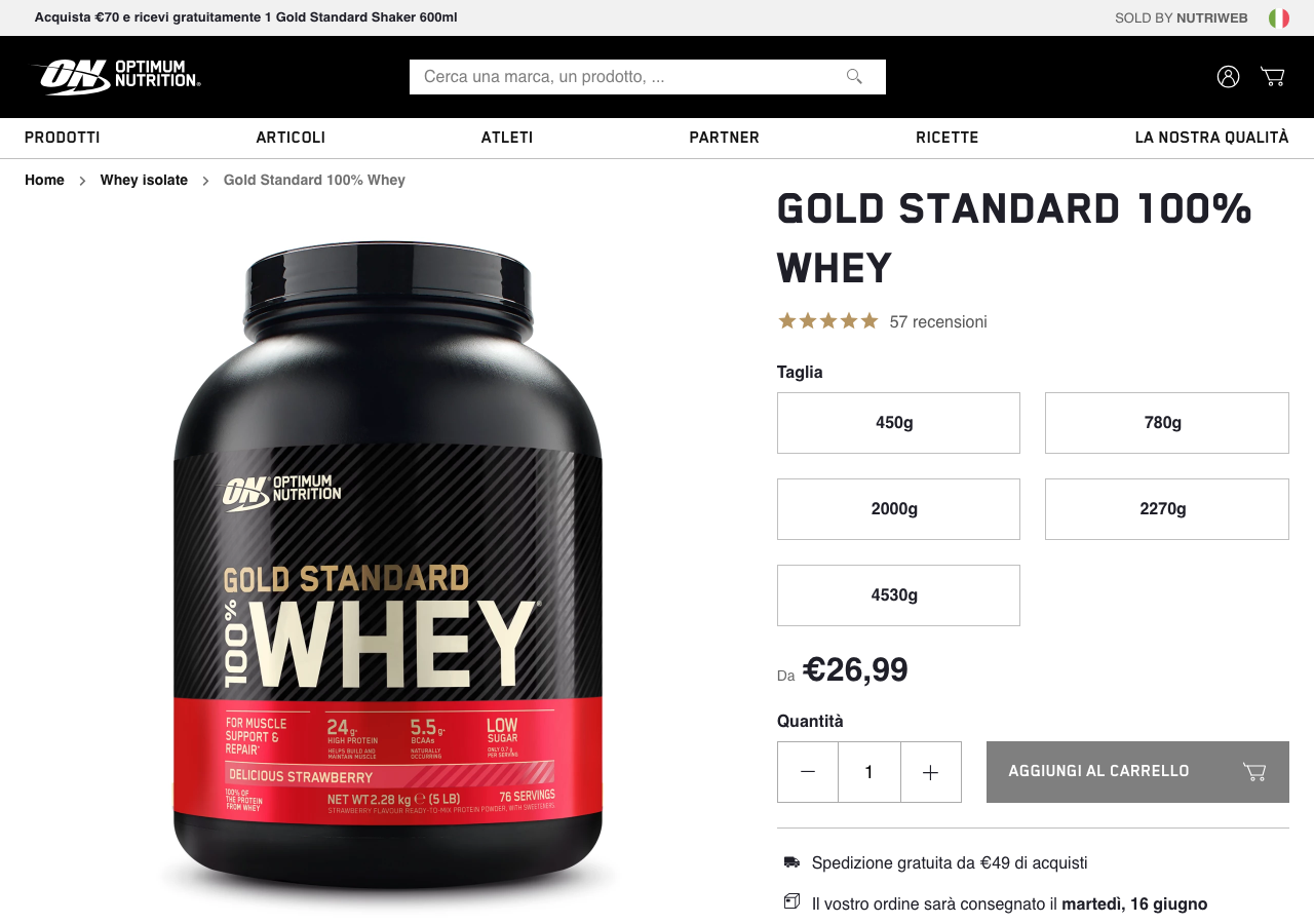 Pagina prodotto della Optimum Nutrition Gold Standard 100% Whey