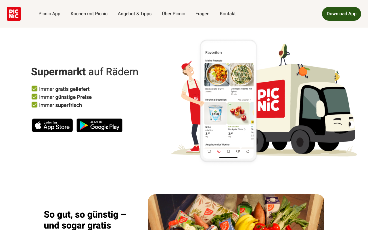 Screenshot der Picnic App Startseite: Supermarkt auf Rädern mit kostenloser Lieferung