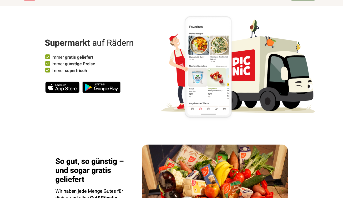 Picnic App Startseite – Online-Supermarkt auf Rädern für kostenlose Lebensmittel-Lieferung