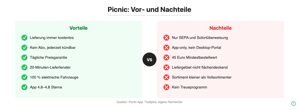 Picnic Vor- und Nachteile: Vorteile kostenlose Lieferung und Preisgarantie, Nachteile nur SEPA-Zahlung