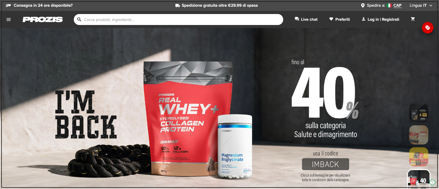 Homepage del negozio ufficiale Prozis in italiano con banner spedizione gratuita oltre 29,99 euro.