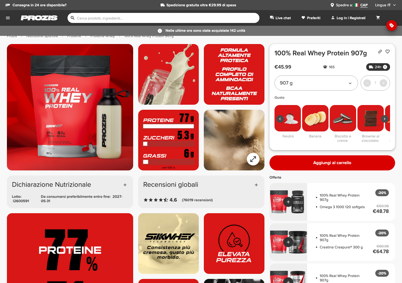 Pagina prodotto della Prozis 100% Real Whey Protein con valori nutrizionali