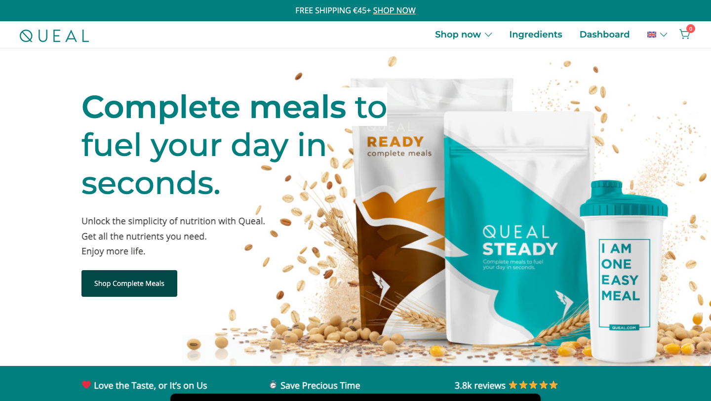 Homepage van Queal met de Steady maaltijdshake
