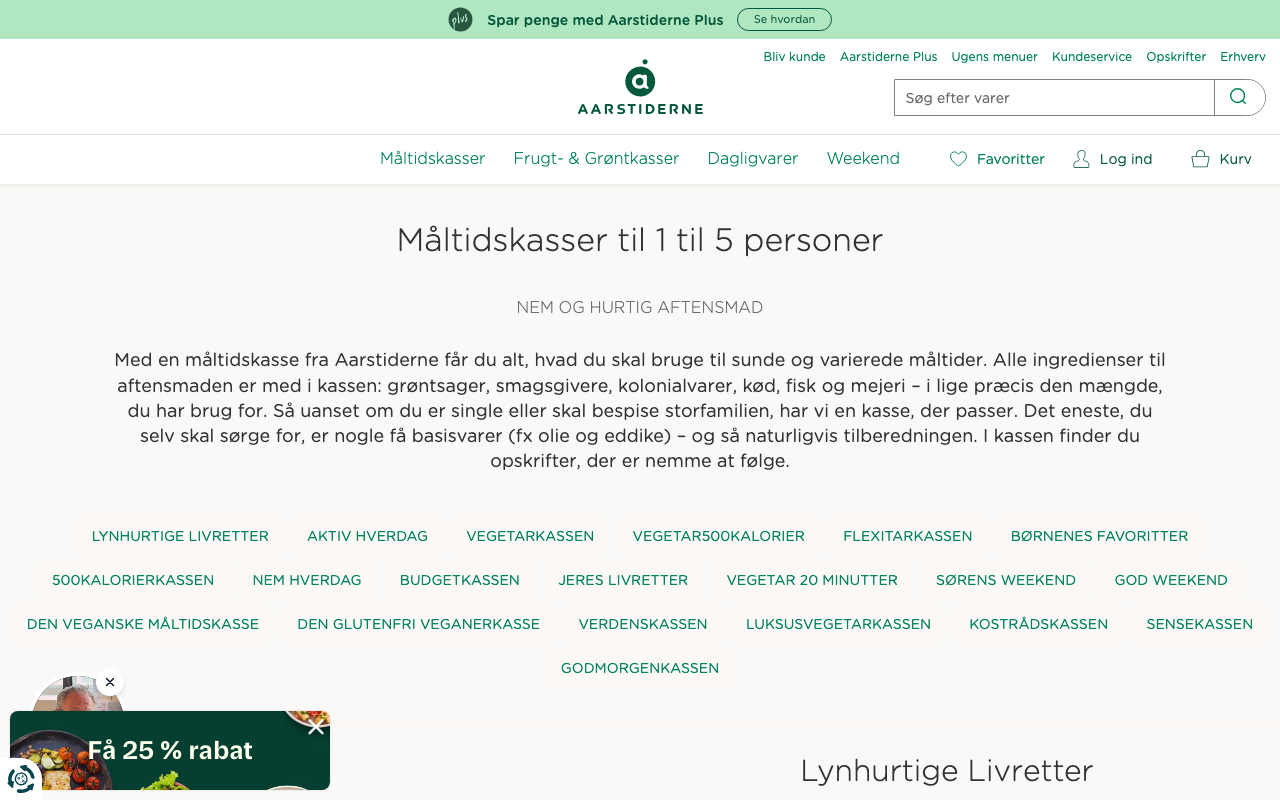 Aarstiderne side om måltidskasser til 1 til 5 personer med økologiske og sæsonbaserede retter og tilbud om 25 procent rabat på første kasse