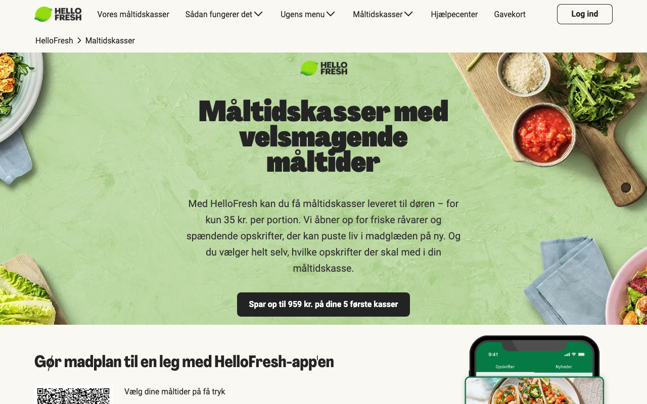 HelloFresh måltidskasser-side med teksten velsmagende måltider fra kun 35 kr. per portion og tilbud om at spare op til 959 kr. på de fem første kasser