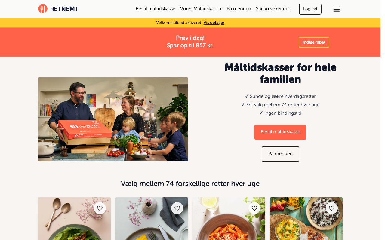 RetNemt forside med teksten måltidskasser for hele familien og valg mellem 74 forskellige retter hver uge klar på cirka 30 minutter