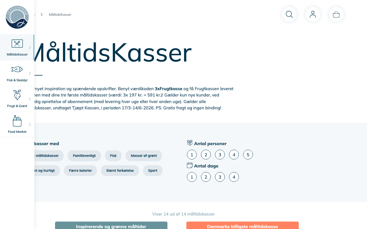 Skagenfood MåltidsKasser-side med valg af antal personer og dage samt kategorierne fisk og skaldyr og Danmarks billigste måltidskasse