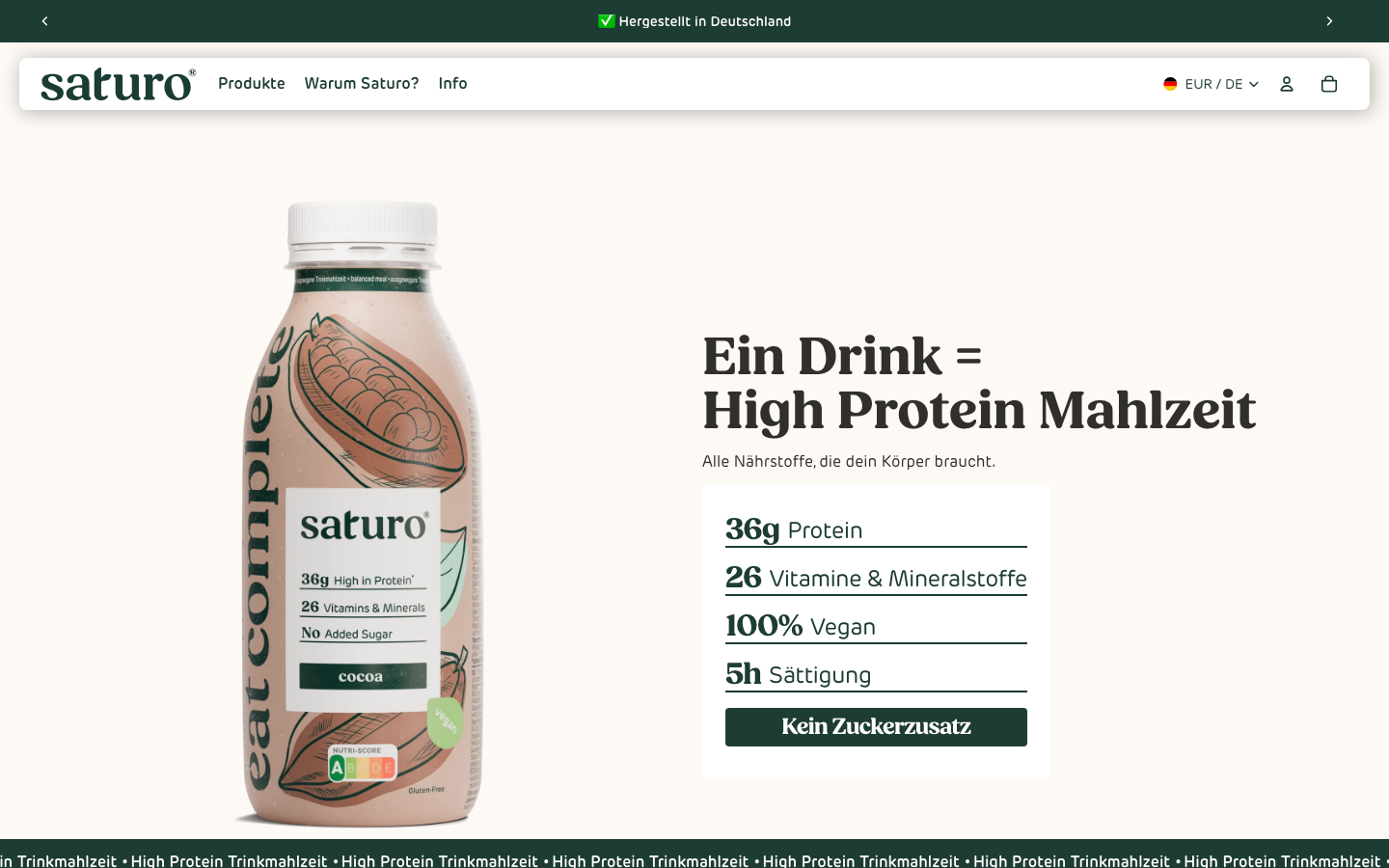 Homepage van Saturo met de kant-en-klare drinkmaaltijd