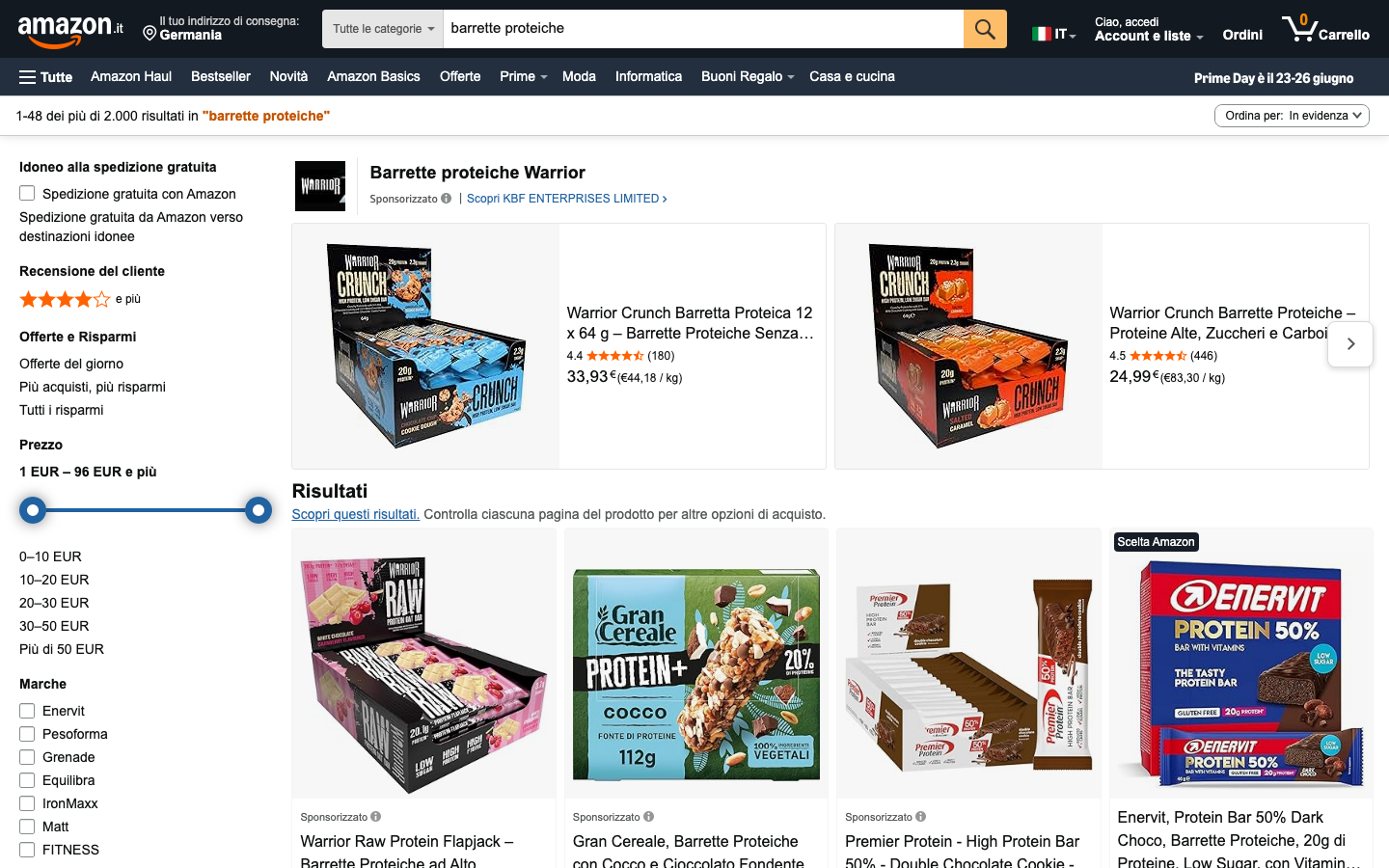 Risultati di ricerca per barrette proteiche su Amazon.it con prodotti come Warrior Crunch, Grenade ed Enervit Protein 50%