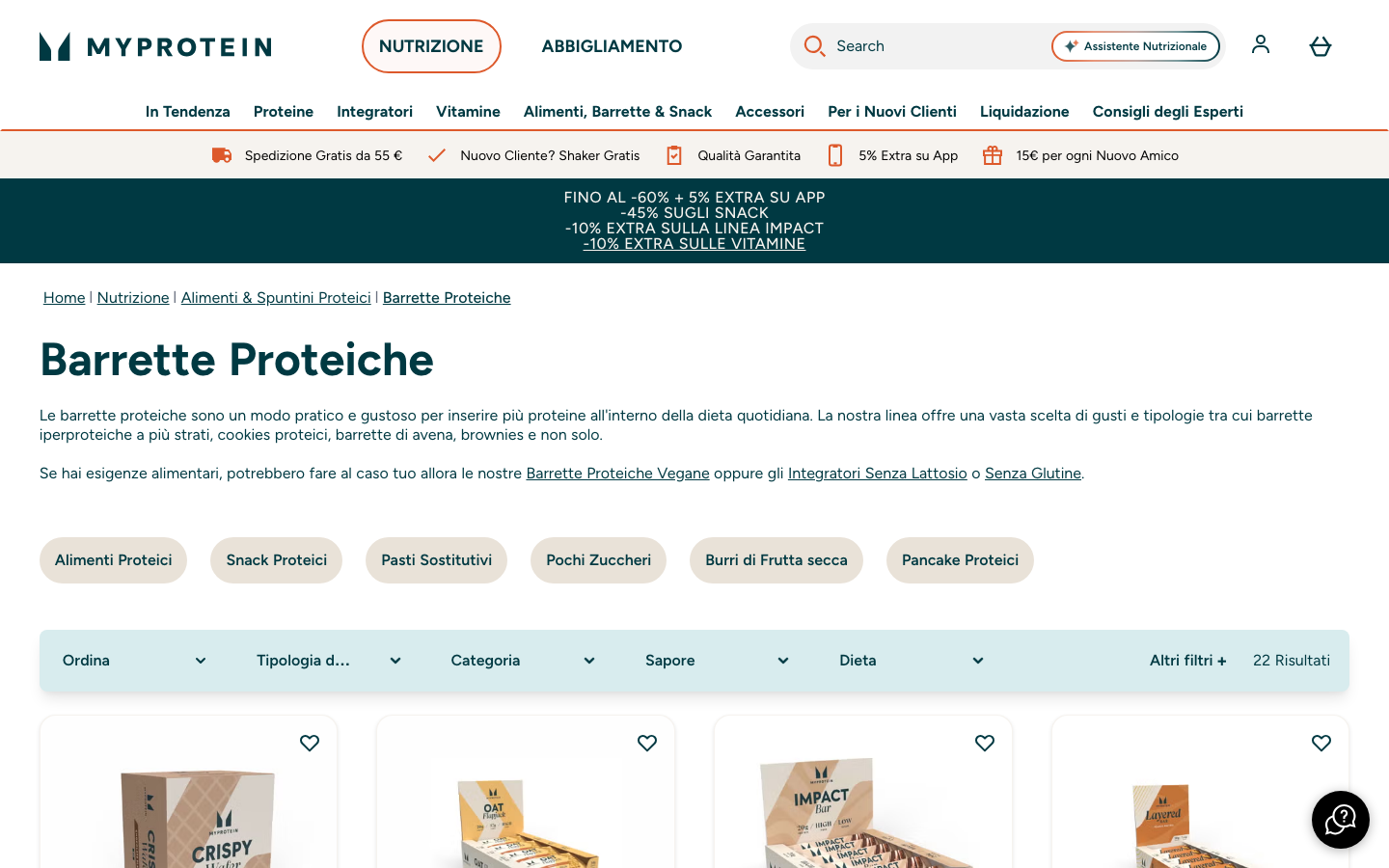 Pagina delle barrette proteiche di MyProtein in italiano con la gamma di prodotti