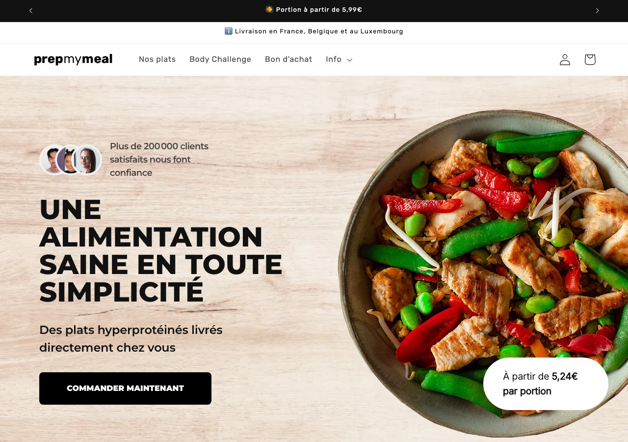Page d'accueil de PrepMyMeal montrant des plats préparés sains livrés à partir de 5,24 euros la portion