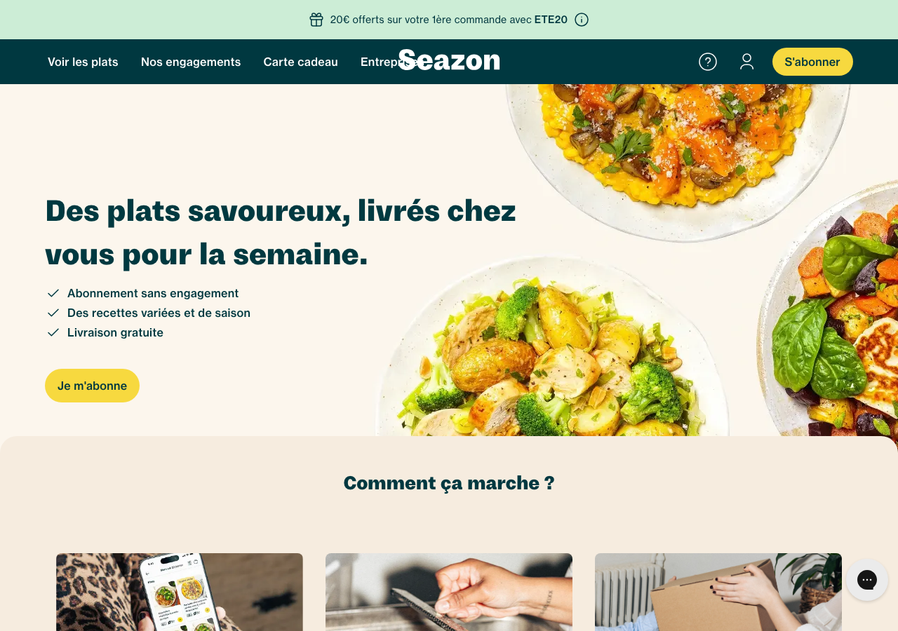 Page d'accueil de Seazon avec des plats frais cuisinés en France, livrés chaque semaine sans engagement