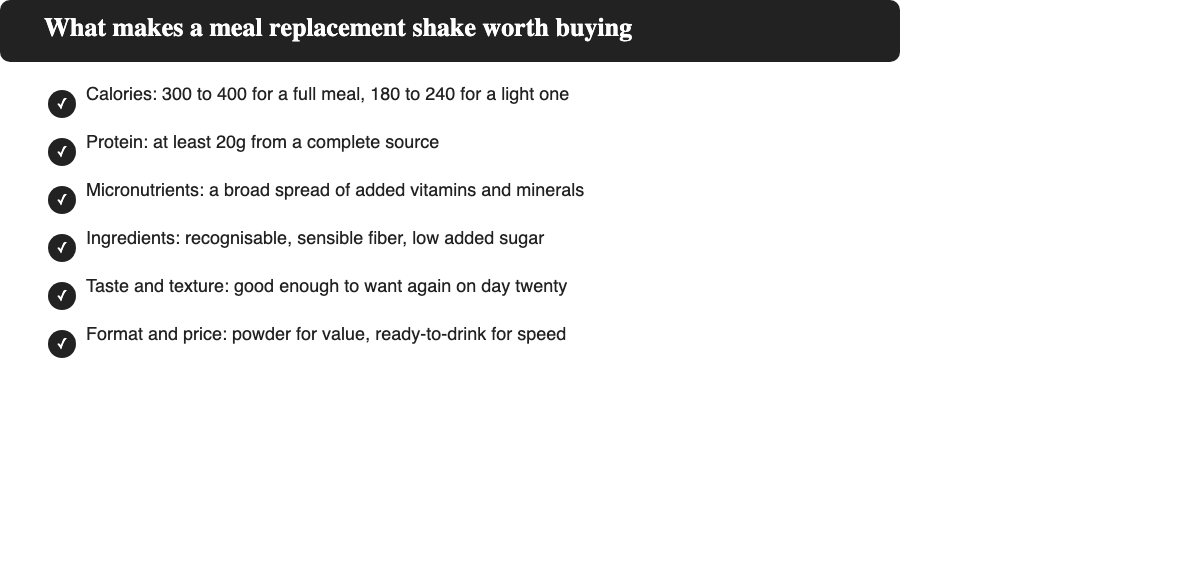 Selection criteria for the best meal replacement shakes: calories, protein, micronutrients, ingredients, taste, format and price