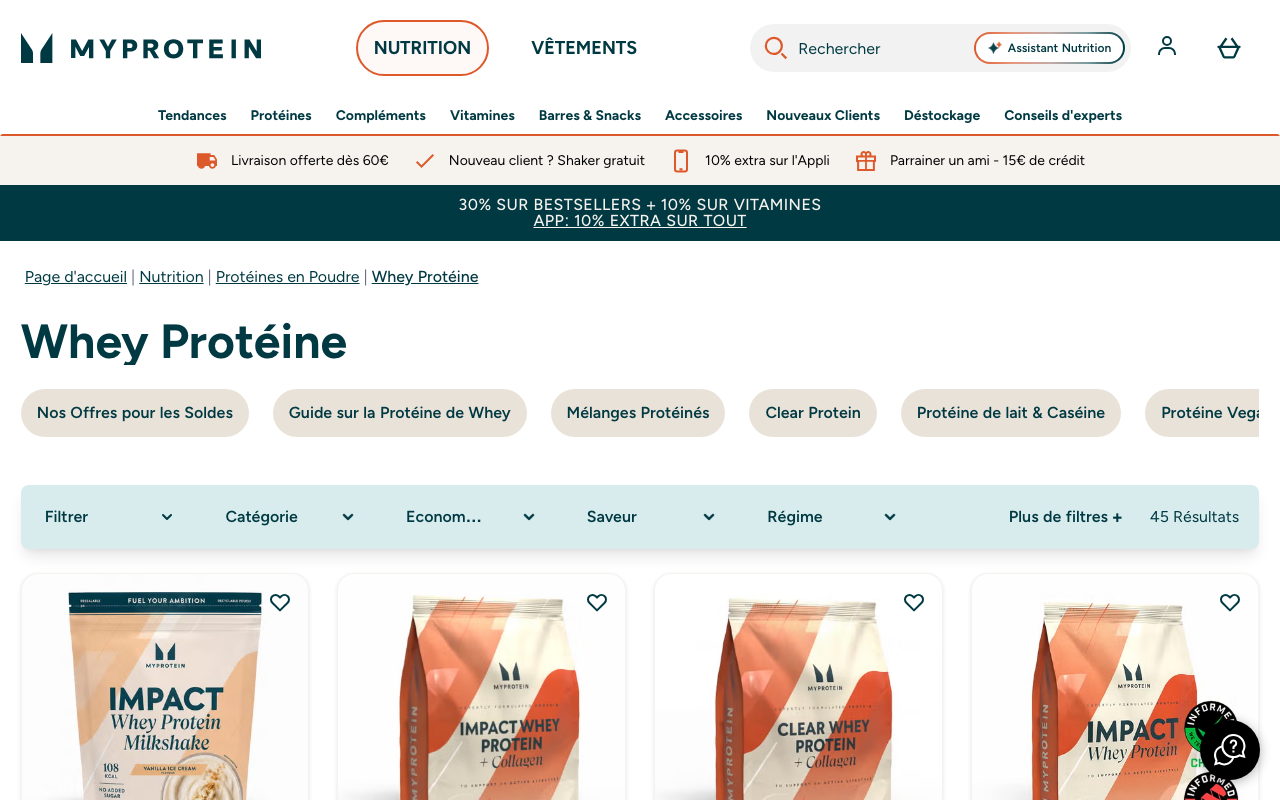 Capture d'écran de la page whey protéine de MyProtein France