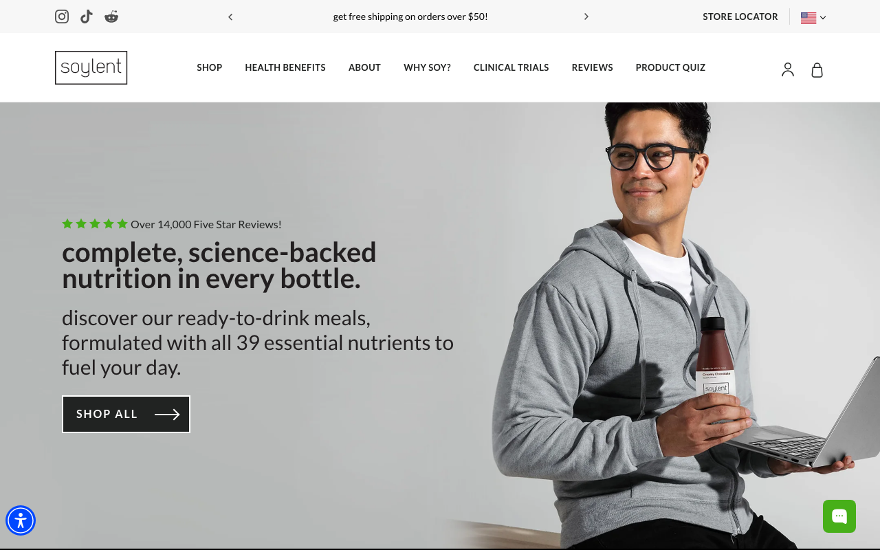 Soylent homepage showing its ready-to-drink complete meal shakes with 39 essential nutrients