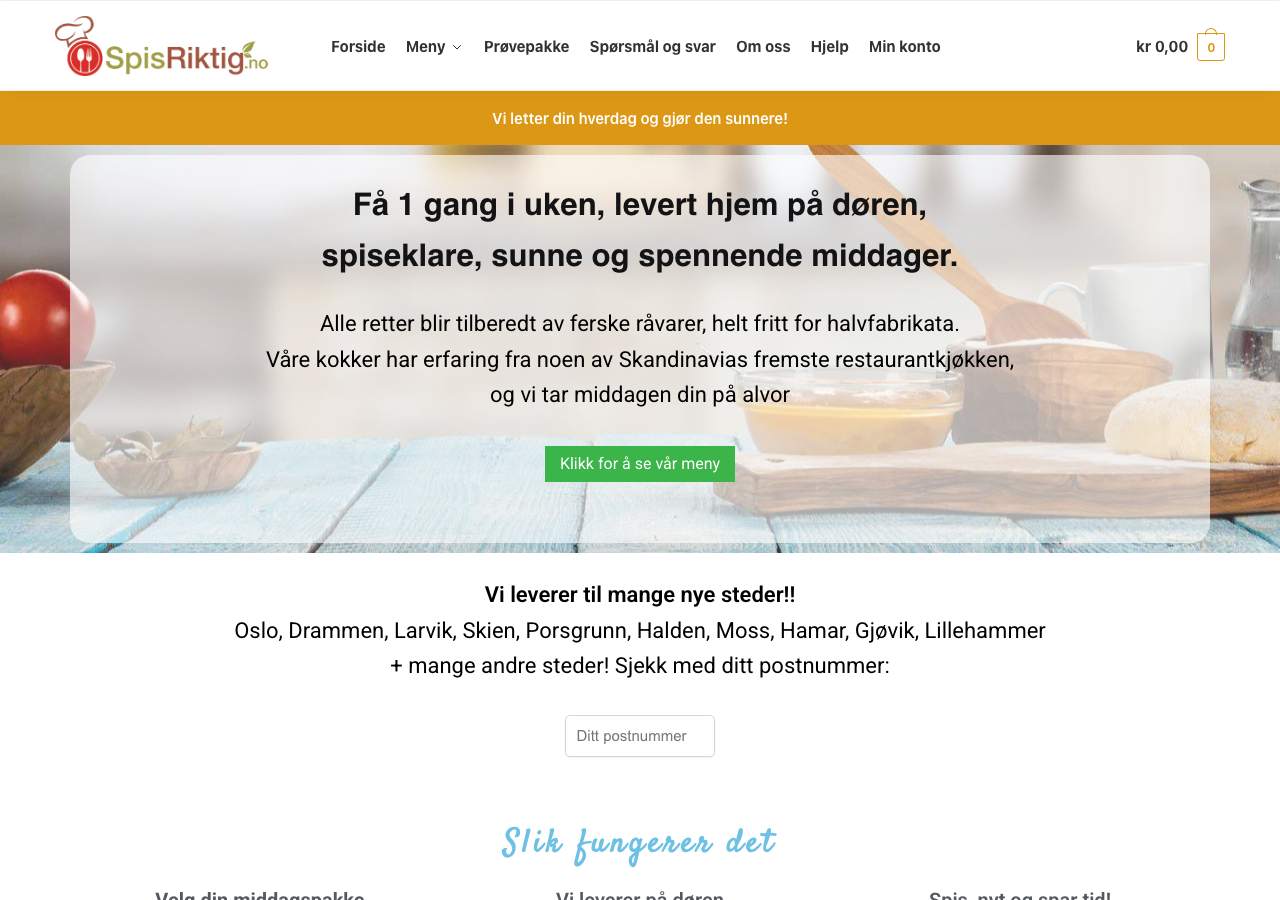 Skjermbilde av SpisRiktig sin nettside med ferdig tilberedte middager levert på døren