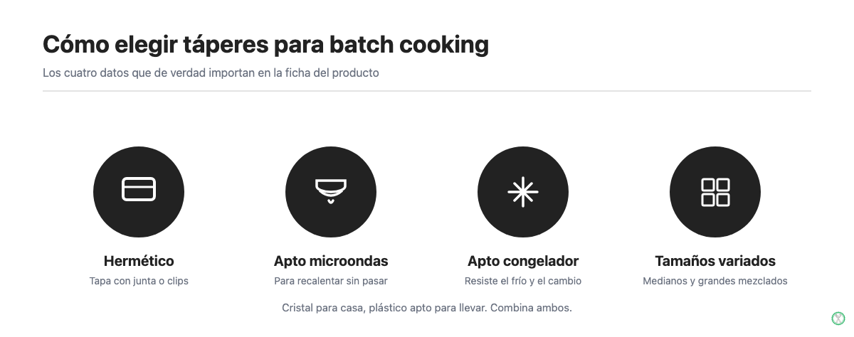 Criterios para elegir táperes de batch cooking: hermético, apto microondas, apto congelador y tamaños variados