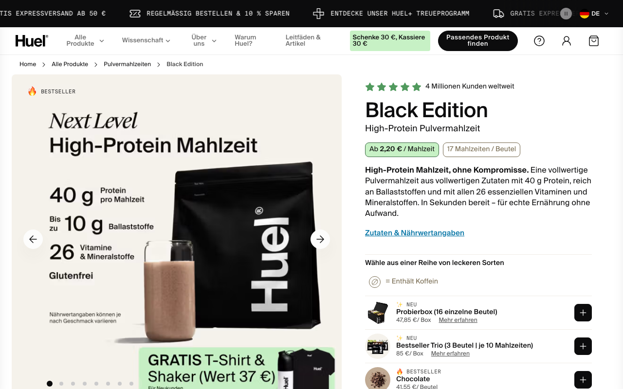 Skjermbilde av Huel Black Edition produktside med 40 g protein og 26 vitaminer og mineraler